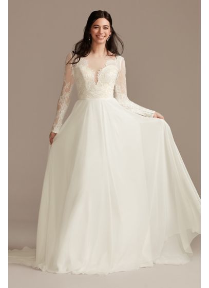 Long Sleeve Plunge Lace Chiffon Wedding Dress - At once alluring and ultra-romantic, this long-sleeve wedding